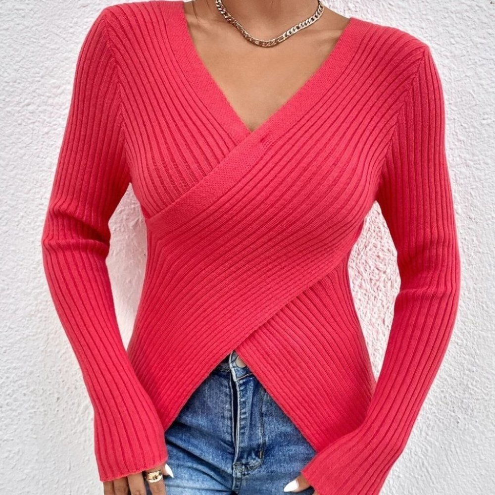 classy ribbed knit wrap cross sweater - Picture 2 of 6